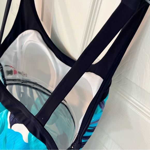 Navy and Teal Tropical Swimwear Halter Top Palm Leaf With Navy Blue Trim Size L - Picture 4 of 12